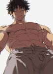  1boy abs backlighting bara black_hair blush bulge from_below highres looking_at_viewer male_focus muscular muscular_male navel navel_hair nipples original pants pectorals red_eyes shirtless short_hair solo spiked_hair st05254 sweat white_pants 