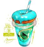  cup disposable_cup doughnut drink drinking_straw food food_focus fruit highres lemon lemon_slice momiji_mao no_humans original pastry signature simple_background still_life white_background 