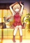  1girl apron arms_up bangs barefoot blonde_hair blush brown_eyes closed_mouth couch detexted hanekoto highres indoors leaf long_hair looking_at_viewer original pillow plant red_skirt shirt short_sleeves sitting skirt solo third-party_edit white_shirt 
