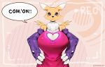  anthro apron apron_only armwear big_breasts black_sclera blue_eyes breasts camera_view canid canine cheek_tuft chest_tuft cleavage_cutout clothing digimon digimon_(species) elbow_gloves english_text facial_tuft female fluffy fox fur gloves half-length_portrait hands_on_hips handwear hi_res huge_breasts keyhole_turtleneck lemonbizate_(artist) looking_at_viewer mammal mostly_nude neck_tuft portrait renamon small_waist solo sweater text topwear tuft video_games yellow_body yellow_fur 
