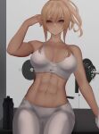  1girl abs absurdres blonde_hair blue_eyes bottle breasts buruma cleavage exercise genshin_impact gym_uniform highres jean_gunnhildr large_breasts nike pants sidelocks sports_bra sportswear tank_top thighs tied_hair toned towel water_bottle weights white_pants white_tank_top zaki_(zaki_btw) 