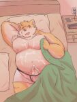  2021 3:4 anthro bed bedding belly blanket blush bodily_fluids bulge canid canine canis cellphone clothing cum cum_on_chest cum_on_stomach domestic_dog furniture genital_fluids genitals humanoid_hands kemono male mammal moobs nipples noichi_53 oslo overweight overweight_male penis phone pillow smartphone underwear 