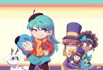  3girls a_hat_in_time afro alfur_(hilda) beret black_legwear blue_bow blue_eyes blue_hair bootleg bow bow_kid brown_hair bzzt_gcxll cape closed_mouth crossover dark_skin dark_skinned_female green_jacket grey_eyes hand_on_hip hat hat_kid highres hilda_(hilda) hilda_(series) holding holding_stuffed_toy jacket long_hair looking_at_another multiple_girls nervous open_mouth pantyhose pleated_skirt ponytail pullover purple_eyes raised_eyebrow scarf shaded_face signature simple_background skirt smirk smug stuffed_toy sweatdrop top_hat twigg_(hilda) 