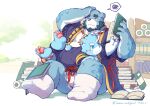  2021 anthro belly black_nose blue_body blue_fur blush bonasiah book bulge clothed clothing detailed_background duo full_attack fur hi_res humanoid_hands kemono male mammal overweight overweight_male sitting underwear ursid white_body white_fur wolfsoul 十泉介 十泉浩 