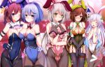  5girls animal_ears armlet beret black_gloves black_legwear blue_eyes blue_hair blue_leotard blush bow breasts brooch bunny_ears bunny_tail cleavage closed_eyes closed_mouth clothing_cutout couch covered_navel cowboy_shot elbow_gloves embarrassed fishnet_legwear fishnets flower flower_knight_girl gloves green_bow green_eyes green_headwear green_leotard grey_hair hair_ornament hair_ribbon hands_together hat highres ipheion_(flower_knight_girl) itosugi_(flower_knight_girl) jewelry large_breasts leotard long_hair multiple_girls musical_note navel_cutout nemunoki_(flower_knight_girl) pink_bow pink_leotard playboy_bunny purple_hair red_eyes ribbon serruria_(flower_knight_girl) shiny shiny_skin shironeko_haru short_hair silver_hair smile sparkle standing statice_(flower_knight_girl) sweat tail thigh_strap thighhighs white_leotard x_hair_ornament 