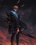  1girl amiya_(arknights) animal_ears arknights artist_name bangs black_jacket black_legwear blue_eyes brown_hair bunny_ears commentary_request cowboy_shot expressionless eyebrows_visible_through_hair hair_between_eyes highres holding holding_sword holding_weapon jacket long_sleeves looking_at_viewer omuretu_(butterroru) open_clothes open_jacket pantyhose red_pupils shirt sidelocks solo sword weapon 