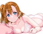  1girl bangs bare_arms blue_eyes blush bra breast_press breasts brown_hair cleavage collarbone floral_print hair_between_eyes highres kousaka_honoka looking_at_viewer love_live! love_live!_school_idol_project lying medium_breasts on_bed on_stomach panties pillow pink_bra pink_panties side_ponytail simple_background smile solo underwear underwear_only white_background yopparai_oni 