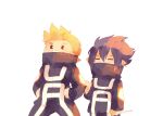 2boys addy_(@vegeebs) amajiki_tamaki black_hair blonde_hair blue_eyes blue_jacket boku_no_hero_academia chibi closed_eyes couple covered_mouth hands_on_hips highres jacket male_focus multiple_boys muscular muscular_male official_alternate_costume pectorals pointy_ears school_uniform short_hair spiked_hair togata_mirio yaoi 