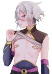  1boy areola_slip areolae bandaid bandaids_on_nipples bangs blue_eyes blush commentary_request detached_sleeves eyelashes fate/grand_order fate_(series) gao_changgong_(fate) gold_trim grey_hair hair_between_eyes highres lifted_by_self looking_at_viewer looking_to_the_side male_focus medium_hair mzmz0424 otoko_no_ko pasties shirt shirt_lift sidelocks sleeveless sleeveless_shirt solo toned toned_male upper_body 