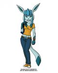  2012 anthro aurora_(swordfox) avoid_posting backpack belt belt_buckle bottomwear bracelet clothing denim denim_clothing ebonyleopard eeveelution english_text female footwear glaceon hi_res jeans jewelry midriff_baring_shirt nintendo pants pok&eacute;mon pok&eacute;mon_(species) pok&eacute;morph shoes simple_background solo straps tee_shirt text video_games 