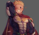  1boy addy_(@vegeebs) alternate_costume blonde_hair blue_bodysuit blue_eyes bodysuit boku_no_hero_academia cape covered_abs covered_navel grin looking_at_viewer male_focus muscular muscular_male one_eye_closed pectorals red_cape short_hair smile solo spiked_hair sweatdrop togata_mirio upper_body 