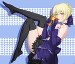  1girl absurdres alcohol artoria_pendragon_(all) backless_dress backless_outfit bangs bare_shoulders black_legwear black_skirt blonde_hair blue_background blue_bow blue_choker blue_dress blue_gloves blush bow braid breasts choker cup darkmuleth dress drinking elbow_gloves erect_nipples eyebrows_visible_through_hair fate/grand_order fate_(series) floating french_braid frilled_skirt frills from_side full_body gloves grail halter_dress highres holding holding_cup large_breasts leg_up looking_at_viewer miniskirt saber_alter skirt strap_gap thighhighs triangle wine yellow_eyes 