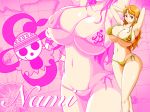  1girl armpits ass bare_arms bare_shoulders barefoot bikini breasts brown_eyes cleavage curvy feet hip_focus huge_breasts large_breasts long_hair nami_(one_piece) navel one_piece orange_hair smile stomach swimsuit thick_thighs thighs wide_hips 