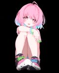  1girl ahoge bracelet jewelry lolipop multicolored_hair pink_eyes pink_hair shoes sitting tongue tongue_out two-tone_hair yumemi_riamu 