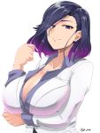  1girl arm_under_breasts blue_shirt bob_cut breasts city_hunter cleavage closed_mouth collarbone commentary_request dress_shirt earrings hand_up highres jacket jewelry large_breasts looking_at_viewer nogami_saeko purple_eyes purple_hair saizu_nitou_gunsou shirt short_hair simple_background smile solo unbuttoned unbuttoned_shirt upper_body white_background white_jacket 