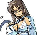  :o akaga_hirotaka black_hair blush breasts bursting_breasts buttons cleavage flying_button glasses large_breasts long_hair long_sleeves lowres necktie open_clothes open_mouth open_shirt popped_button read_or_die shirt sketch solo surprised yellow_eyes yomiko_readman 