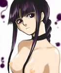  artist_request bleach braid breasts choker kurotsuchi_nemu lowres medium_breasts nipples nude purple_eyes purple_hair single_braid solo upper_body 