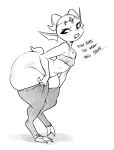  anthro big_butt blush breasts butt circlet clothed clothing digitigrade disappointed female glacierclear horn kobold kobold_girl_(glacierclear) legwear looking_back monochrome narrowed_eyes no_underwear paws short_stack skimpy small_breasts small_waist solo thick_thighs thigh_highs wide_hips 