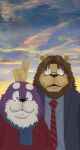  2021 anthro brown_body brown_fur canid canine canis clothing domestic_dog duo eyes_closed eyewear felid fur glasses hi_res humanoid_hands kemono lion male mammal necktie outside panda_po pantherine purple_body purple_fur scarf shirt topwear white_body white_fur 