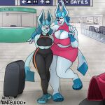  1:1 airport anthro arm_over_shoulder belly big_breasts black_clothing blue_body blue_eyes blue_fur blue_hair blue_nose blush bottomwear bra breasts chrissy_(princeluxio) cleavage_cutout clothing detailed_background duo eeveelution english_text eyes_closed female female/female fur fur_markings glaceon gym_bottomwear gym_clothing hair hands_behind_back hi_res hindpaw huge_breasts keyhole_clothing keyhole_turtleneck lips lipstick long_hair looking_at_viewer makeup markings miniskirt nintendo nipple_outline overweight overweight_anthro overweight_female paws pink_bottomwear pink_clothing pink_lips pink_lipstick pink_skirt pok&eacute;mon pok&eacute;mon_(species) pok&eacute;morph pose princeluxio saphira_(princeluxio) short_hair sibling sister sisters skirt smile sports_bra standing standing_position suitcase sweater text thick_thighs tight_bottomwear tight_clothing tight_skirt tight_topwear topwear underwear video_games wide_hips yoga_pants 
