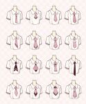  6+girls ascot black_neckwear checkered checkered_background collared_shirt commentary_request cropped_torso diagonal-striped_neckwear diagonal_stripes flower highres multiple_girls necktie original pink_background pink_neckwear sakura_oriko shirt short_sleeves striped striped_neckwear tie_clip white_flower white_shirt 