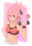  1girl =3 absurdres akamine_yuuna aky_nibo blush chibi dumbbell grin hair_ribbon hand_on_hip highres midriff navel pink_hair ponytail red_eyes ribbon smile sports_bra sportswear takashima_yuuna wristband yuuki_yuuna yuuki_yuuna_wa_yuusha_de_aru yuusha_de_aru zipper 