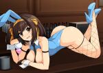  1girl alcohol all_fours animal_ears arm_strap ass bar between_breasts black_neckwear blue_footwear blue_leotard breastless_clothes breasts breasts_outside brown_eyes brown_hair bunny_ears bunny_tail butt_plug collarbone detached_collar elbow_rest elbows_on_table fake_animal_ears fake_tail finger_gloves fishnet_legwear fishnets haruhisky high_heels highleg highleg_leotard kneeling legs_up leotard looking_at_viewer necktie necktie_between_breasts nipples off-shoulder_leotard open_mouth playboy_bunny sex_toy smile suzumiya_haruhi suzumiya_haruhi_no_yuuutsu tail thighhighs top-down_bottom-up wrist_cuffs 