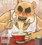 2021 anthro brown_body brown_fur detailed_background eating eyes_closed facial_hair food fur hi_res humanoid_hands japanese_text kemono male mammal mustache panda_po solo text ursid 
