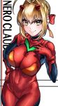  1girl absurdres ahoge blonde_hair bodysuit breasts character_name commentary_request cosplay cowboy_shot fate/extra fate_(series) green_eyes hair_bun hand_on_own_chest highres large_breasts neon_genesis_evangelion nero_claudius_(fate) nero_claudius_(fate)_(all) plugsuit red_bodysuit smile solo souryuu_asuka_langley souryuu_asuka_langley_(cosplay) white_background yayoi_maka 