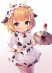  1girl adapted_costume animal_ears animal_print apron bangs bell blonde_hair blush brown_background brown_legwear center_frills chitosezaka_suzu collared_shirt commentary_request cow_ears cow_horns cow_print drinking_straw eyebrows_visible_through_hair fake_animal_ears fake_horns fleur_de_lapin_uniform frilled_apron frilled_hairband frills gochuumon_wa_usagi_desu_ka? gradient gradient_background green_eyes hairband hand_on_hip holding holding_tray horns kirima_sharo open_mouth pleated_skirt print_hairband print_skirt puffy_short_sleeves puffy_sleeves shirt short_sleeves skirt solo standing thighhighs tray uniform waist_apron waitress white_apron white_background white_hairband white_skirt wrist_cuffs 