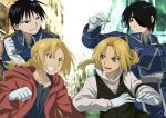  4boys ahoge amestris_military_uniform anime_coloring black_hair blonde_hair braid conqueror_of_shambala dual_persona edward_elric eyepatch fullmetal_alchemist gloves highres long_hair military military_uniform multiple_boys official_style open_mouth ponytail roy_mustang shirt short_hair smile soraeda uniform upper_body white_gloves yellow_eyes 