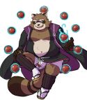  2021 absurd_res anthro belly bottomwear brown_body brown_fur bulge canid canine clothing footwear fur hi_res humanoid_hands kemono magic male mammal navel overweight overweight_anthro overweight_male raccoon_dog sakusan_kc sandals shorts simple_background solo tanuki white_background 