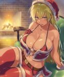  1girl bangs belt bikini black_belt black_panties blonde_hair blush breasts christmas cleavage commentary_request dark_skin eyebrows_visible_through_hair fire_emblem fire_emblem:_the_binding_blade fireplace fur_trim gloves green_eyes grey_background half-closed_eyes hand_on_own_chest hat igrene_(fire_emblem) indoors large_breasts long_hair looking_at_viewer microskirt midriff mole mole_under_eye navel on_chair open_mouth panties pantyshot red_bikini red_gloves red_headwear red_legwear red_skirt santa_bikini santa_gloves santa_hat shinon_(tokage_shuryou) shiny shiny_skin side_slit signature simple_background sitting skirt smile solo swimsuit thighhighs underwear wooden_floor 
