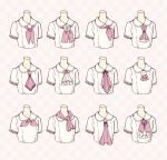  6+girls ascot checkered checkered_background collared_shirt cropped_torso flower highres multiple_girls neckerchief original pink_background pink_neckwear rose sakura_oriko shirt short_sleeves white_flower white_rose white_shirt 