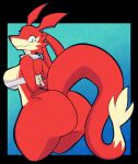  aimbot-jones anthro big_breasts bra breasts butt clothing dragon female green_eyes hi_res legwear looking_back red_body red_skin simple_background solo thigh_highs underwear undressing 