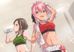  2girls akamine_yuuna bottle brown_eyes brown_hair drinking green_sports_bra hair_ornament highres kusunoki_mebuki midriff multiple_girls navel open_mouth pink_eyes pink_hair ponytail red_sports_bra sakuria sports_bra sportswear sweat sweatdrop tan teeth toned towel towel_around_neck twintails water_bottle yuuki_yuuna_wa_yuusha_de_aru:_hanayui_no_kirameki 