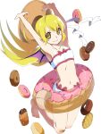  1girl armpits arms_up barefoot blonde_hair blue_dress blush_stickers dress fang highres innertube long_hair looking_at_viewer monogatari_(series) msmrdaaaaa oshino_shinobu pointy_ears short_dress shoulder_blush smile solo yellow_eyes 