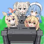  4girls :d ahoge alternate_costume animal_ears black_neckwear blonde_hair blue_hair blue_sky blush_stickers braid chibi club_(shape) commentary_request day diamond_(shape) double_bun ear_clip enter_enter_mission! facial_mark flower fox_ears girls_und_panzer grass grey_eyes ground_vehicle hair_between_eyes hair_flower hair_ornament hair_ribbon hat head_tilt heart heart_ahoge hololive jester_cap lion_ears long_hair looking_at_viewer menonune military military_vehicle momosuzu_nene motor_vehicle mountainous_horizon multiple_girls neckerchief omaru_polka ooarai_school_uniform open_mouth outdoors parody pointy_ears ribbon sailor_collar school_uniform shishiro_botan short_hair silver_hair single_braid sky smile spade_(shape) star_(symbol) star_hair_ornament tank very_long_hair virtual_youtuber white_headwear white_sailor_collar x_hair_ornament yellow_eyes yukihana_lamy 