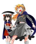  2girls bangs black_hair black_shirt blonde_hair blue_cape bow braid brown_eyes cape closed_mouth commentary_request cookie_(touhou) detached_sleeves eyebrows_visible_through_hair eyes_visible_through_hair feet_out_of_frame frilled_bow frills grey_skirt hair_between_eyes hair_bow hair_tubes hakurei_reimu highres holding holding_scythe horns kirisame_marisa long_hair long_sleeves looking_at_viewer mugi_(cookie) multiple_girls necktie nicoseiga13360928 nontraditional_miko open_mouth purple_bow red_bow red_shirt red_skirt rei_(cookie) ribbon-trimmed_sleeves ribbon_trim scythe sheep_horns shirt simple_background single_braid skirt sleeveless sleeveless_shirt socks touhou upper_teeth white_background white_legwear white_sleeves yellow_eyes yellow_neckwear 