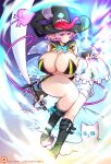  1girl boots breasts cleavage commission fingerless_gloves gloves huge_breasts magical_girl original patreon_username pink_eyes pink_hair pointy_ears sumisumii watermark weapon web_address 
