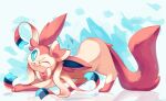  2019 ambiguous_gender blue_body blue_eyes blue_fur eeveelution feral fur hi_res kaleido-art long_ears nintendo nude one_eye_closed pink_body pink_fur pok&eacute;mon pok&eacute;mon_(species) quadruped reflection ribbons simple_background solo sylveon video_games 