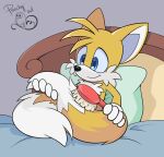  anthro bed blue_eyes brush brushing brushing_tail canid canine clothing cute_expression cute_face fluffy fox fur furniture gloves handwear male mammal miles_prower on_bed peachyowl personal_grooming pillow simple_background smile solo sonic_the_hedgehog_(series) video_games 