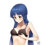  1girl bare_shoulders black_bra blue_hair blush bra breasts breasts_apart brown_eyes collarbone dated highres idolmaster idolmaster_million_live! idolmaster_million_live!_theater_days kitakami_reika long_hair low_twintails medium_breasts midriff myeolchi signature simple_background solo twintails underwear upper_body very_long_hair white_background 