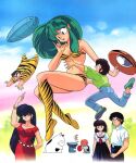  1980s_(style) 3girls 4boys arm_up bangs bikini black_eyes black_hair blue_eyes blue_skirt boots brown_hair cat dated dress eyebrows_visible_through_hair father fujinami_ryuunosuke green_hair knee_boots kotatsu-neko long_hair lum miyake_shinobu moroboshi_ataru multiple_boys multiple_girls official_art old old_man open_mouth outdoors pleated_skirt red_dress retro_artstyle sakura_(urusei_yatsura) sakuranbou_(urusei_yatsura) school_uniform short_sleeves skirt strapless strapless_bikini swimsuit tiger_stripes ufo urusei_yatsura 