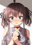  1girl ^^^ absurdres ahoge bangs black_choker black_ribbon blue_eyes blush brown_hair choker collared_shirt eyebrows_visible_through_hair grey_shirt hair_between_eyes hair_ribbon hands_together hands_up heart highres hololive looking_at_viewer natsuiro_matsuri nose_blush own_hands_together parted_lips ribbon shirt solo starkamisan twintails virtual_youtuber 