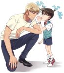  2boys amuro_tooru arm_at_side bangs black-framed_eyewear black_footwear blonde_hair blue_eyes blue_pants blue_shorts blue_vest bow bowtie brown_hair child closed_mouth collared_shirt commentary_request edogawa_conan fingernails full_body glasses hair_between_eyes hand_up k_(gear_labo) looking_at_another male_focus meitantei_conan multiple_boys one_knee open_mouth pants red_bow red_neckwear serious shadow shirt shoes short_hair short_sleeves shorts sneakers socks standing tiptoes upper_teeth vest watch whispering white_legwear white_shirt wristwatch 