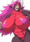  2021 abs anthro big_breasts blue_eyes bovid bovine breasts cattle clothing deltoids female hair horn huge_breasts leotard mammal mask muscular muscular_anthro muscular_female pink_hair pokkuti scar simple_background solo teeth tight_clothing white_background 