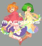  2girls bangs boots brown_eyes capelet copyright_name dress freyja_wion green_eyes green_hair grey_background hair_between_eyes hair_ornament heart heart_hair_ornament jj_(ssspulse) jumping knee_boots looking_at_viewer macross macross_delta macross_frontier multiple_girls open_mouth orange_hair ranka_lee short_hair side_ponytail yellow_dress 