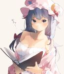 1girl bangs bare_shoulders blue_eyes blue_hair blush book bow breasts cleavage collarbone crescent crescent_hat_ornament eyebrows_visible_through_hair gominami hair_bow highres holding holding_book long_hair looking_at_viewer medium_breasts mukyuu off_shoulder patchouli_knowledge pink_headwear pink_robe red_bow solo touhou 