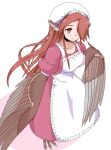  1girl apron brown_hair commentary_request dress feathered_wings feathers hair_over_one_eye harpy head_feathers head_scarf highres kawasumi_(tk2k_jade) long_hair monster_girl pink_dress rin_(torikissa!) sidelocks smile solo talons torikissa! winged_arms wings 